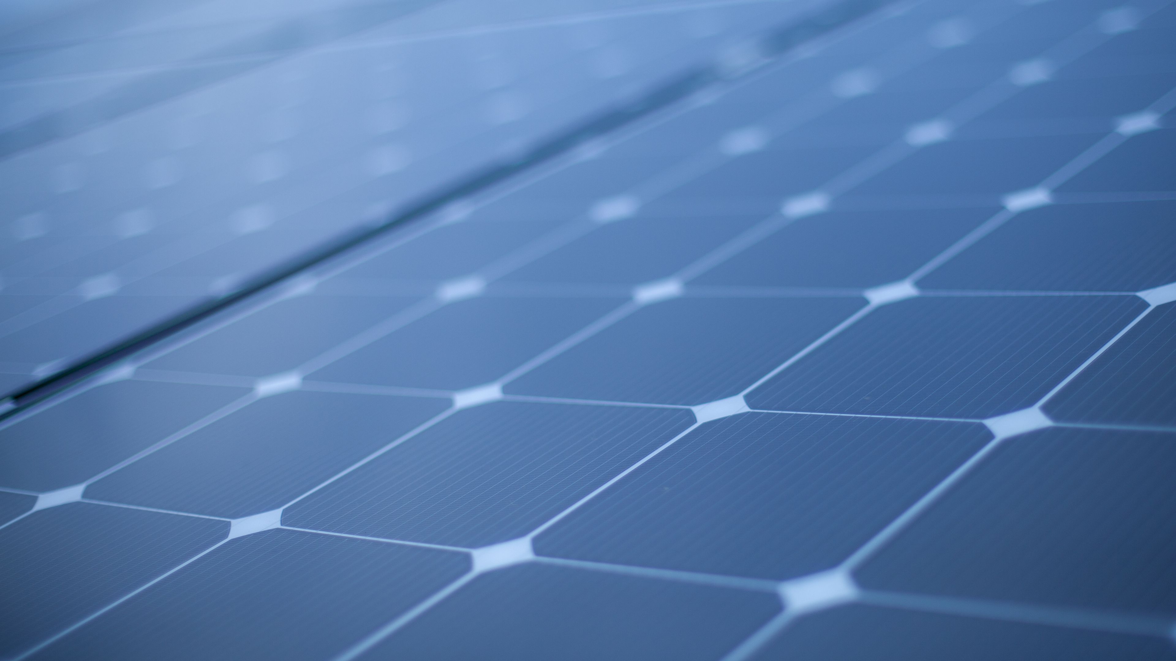 Close-up of a solar panel surface, showing its grid-like arrangement of dark photovoltaic cells with white borders. The glossy surface reflects light.